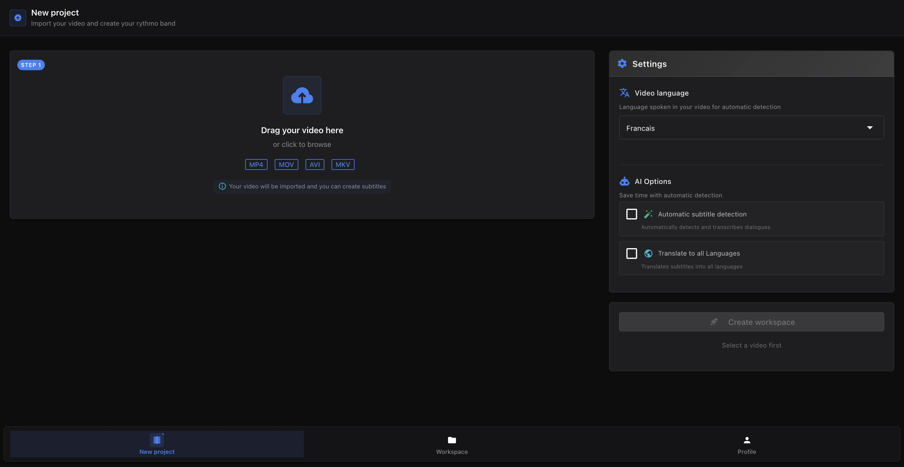 New project screen with the video import zone, language selector, AI options and the Create project button