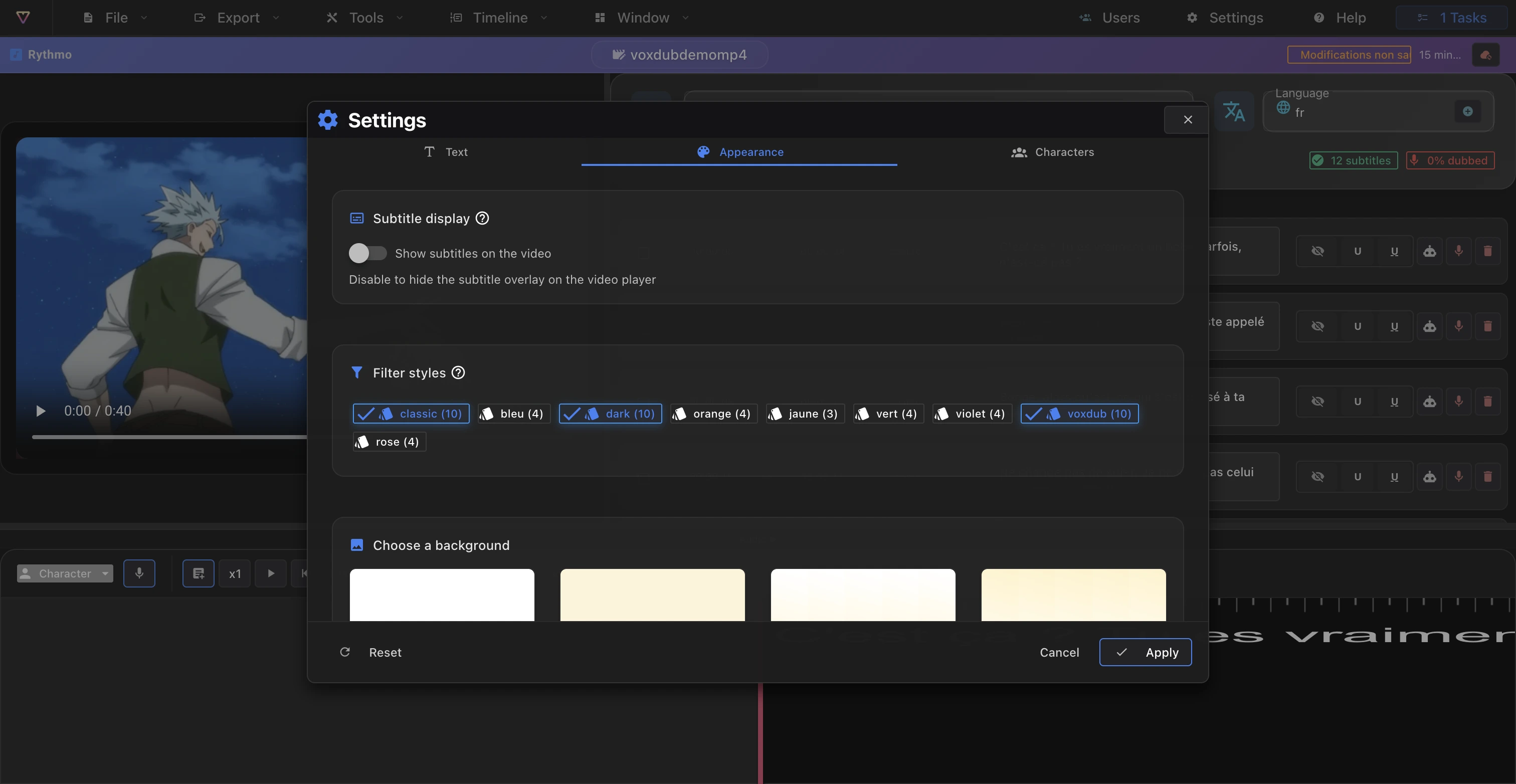 Cuadro de diálogo Ajustes del editor, pestaña Aspecto, con el interruptor de subtítulos sobre el vídeo y los modelos de fondo