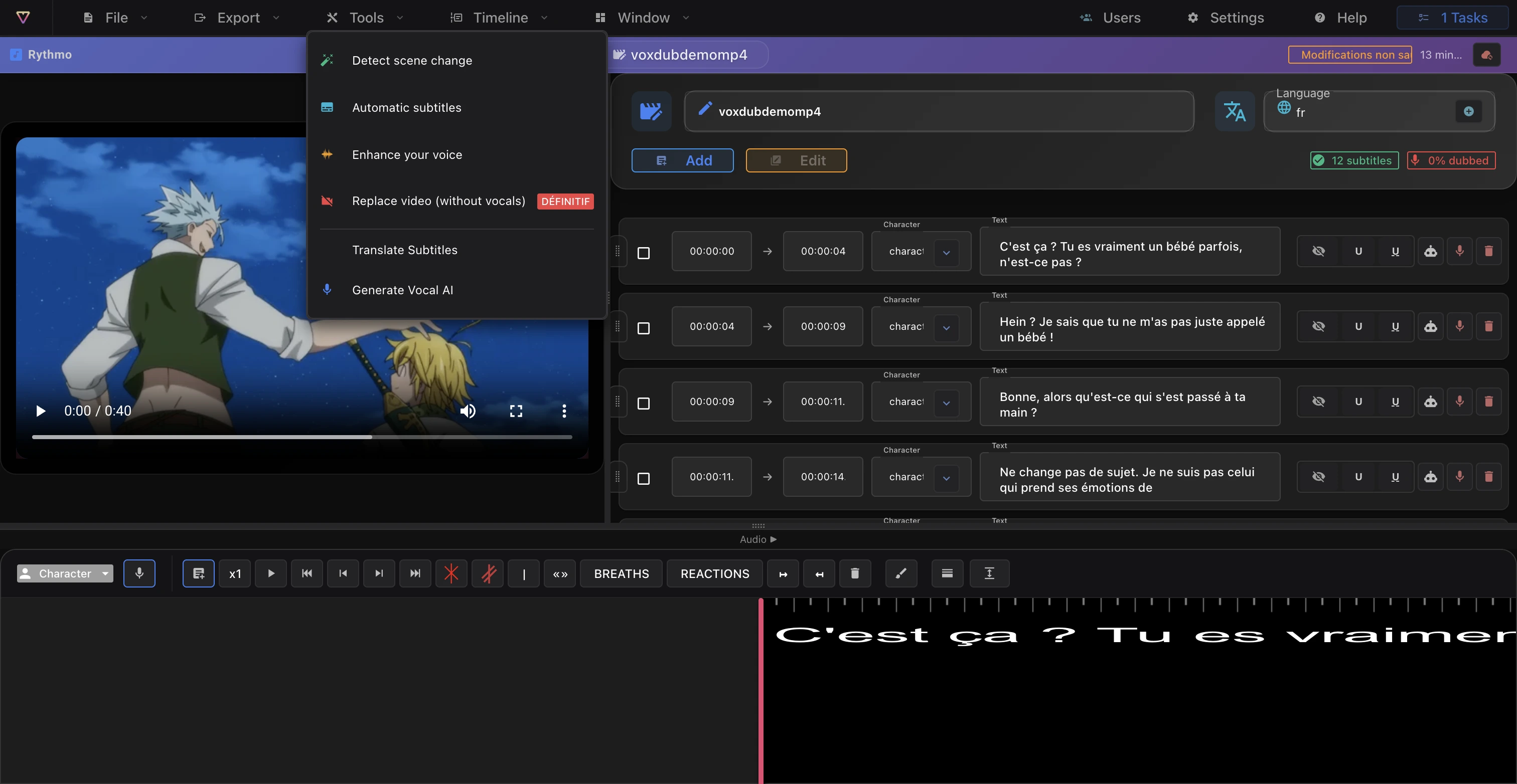 The Tools menu with the Replace video (without vocals) item highlighted