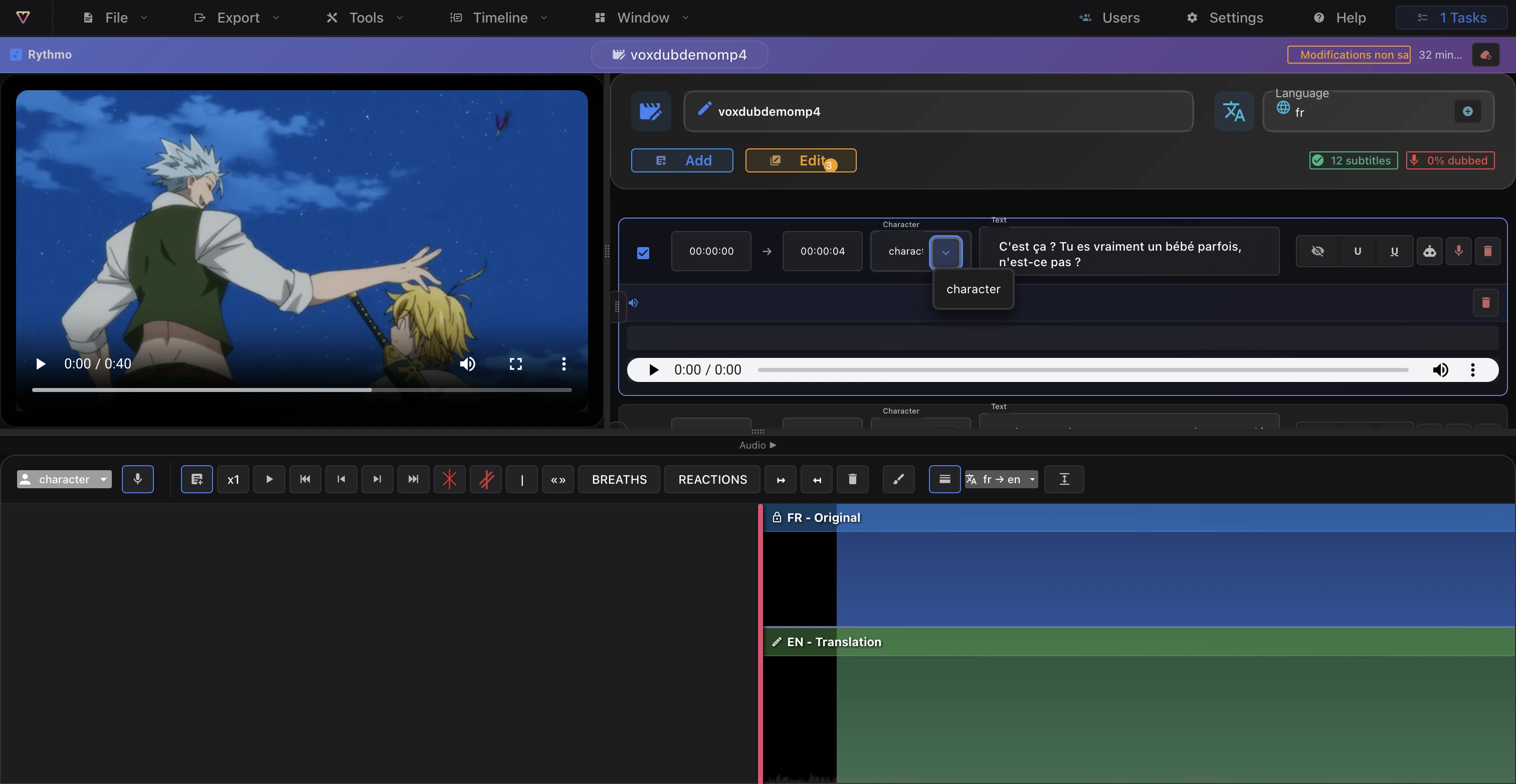 El editor en modo 2 bandas con la banda de origen encima de la traducida