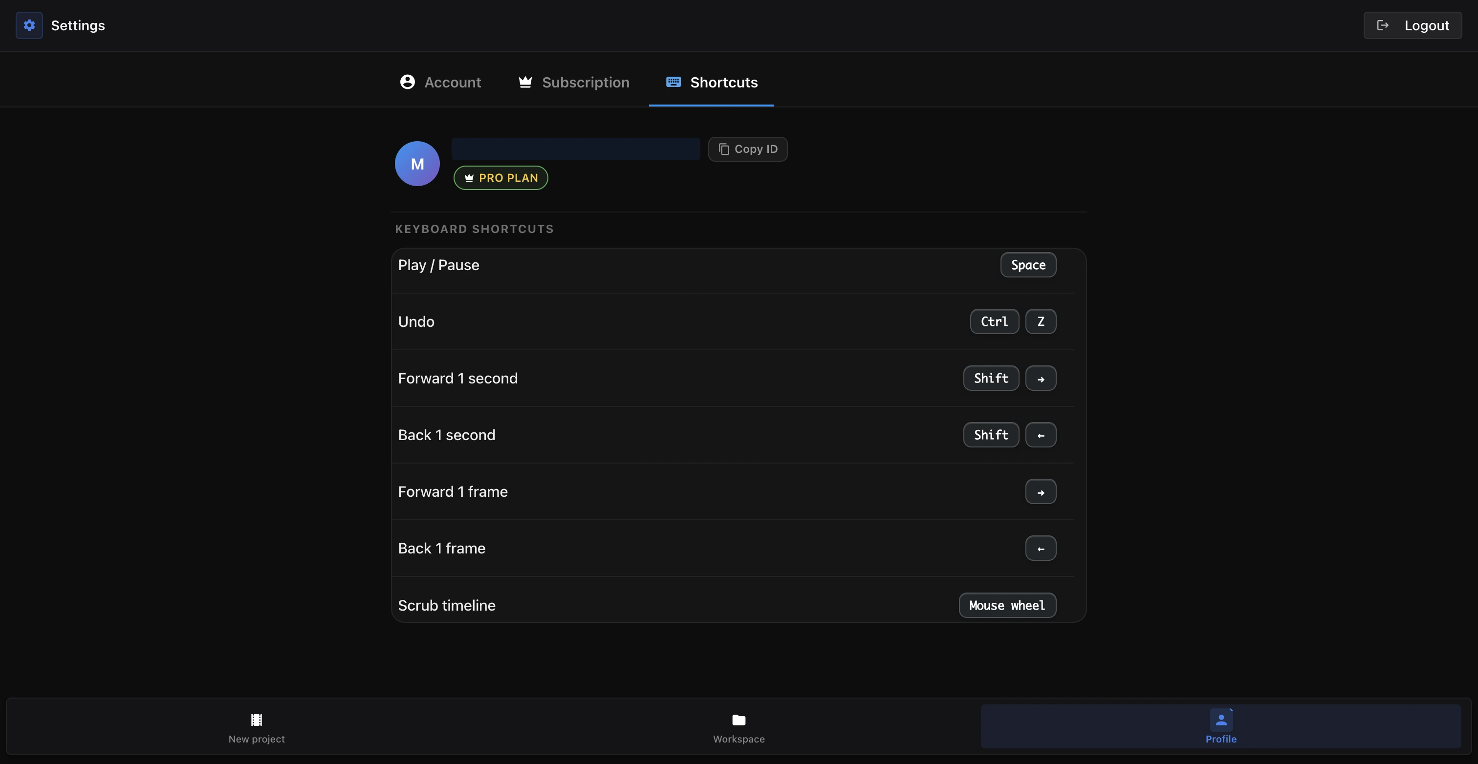 Settings, Shortcuts tab, showing the built-in list of Voxdub keyboard shortcuts