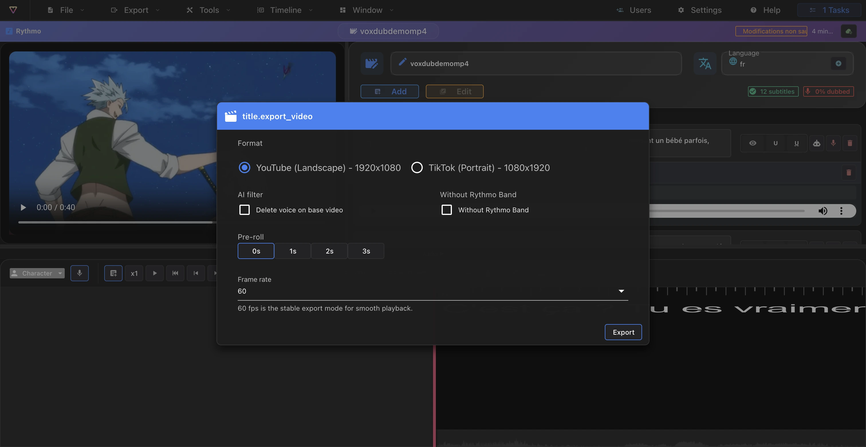 El cuadro de diálogo Exportar el vídeo con el formato, la frecuencia de fotogramas, el pre-roll y las opciones de audio
