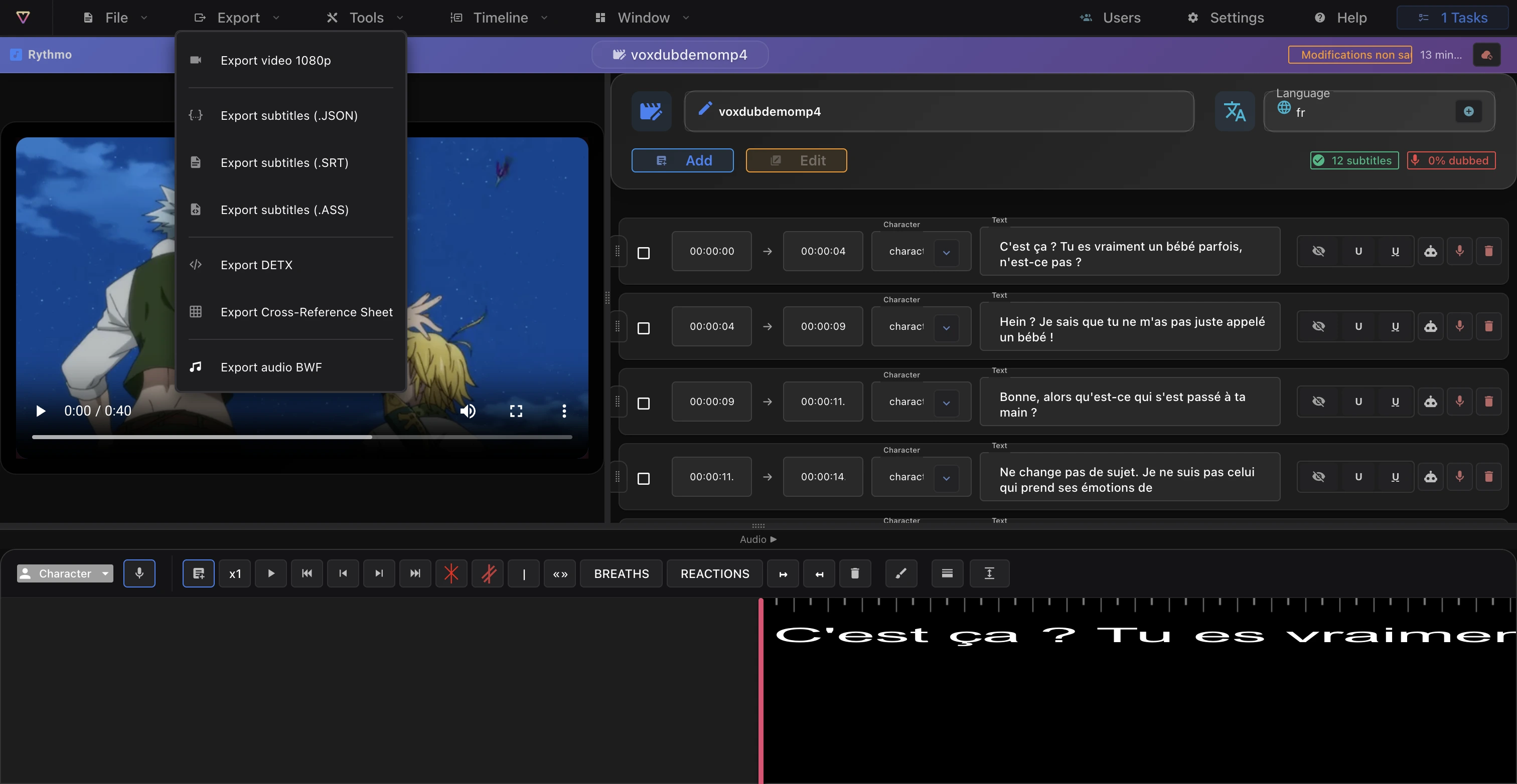The Export menu with the croisillé and BWF audio items