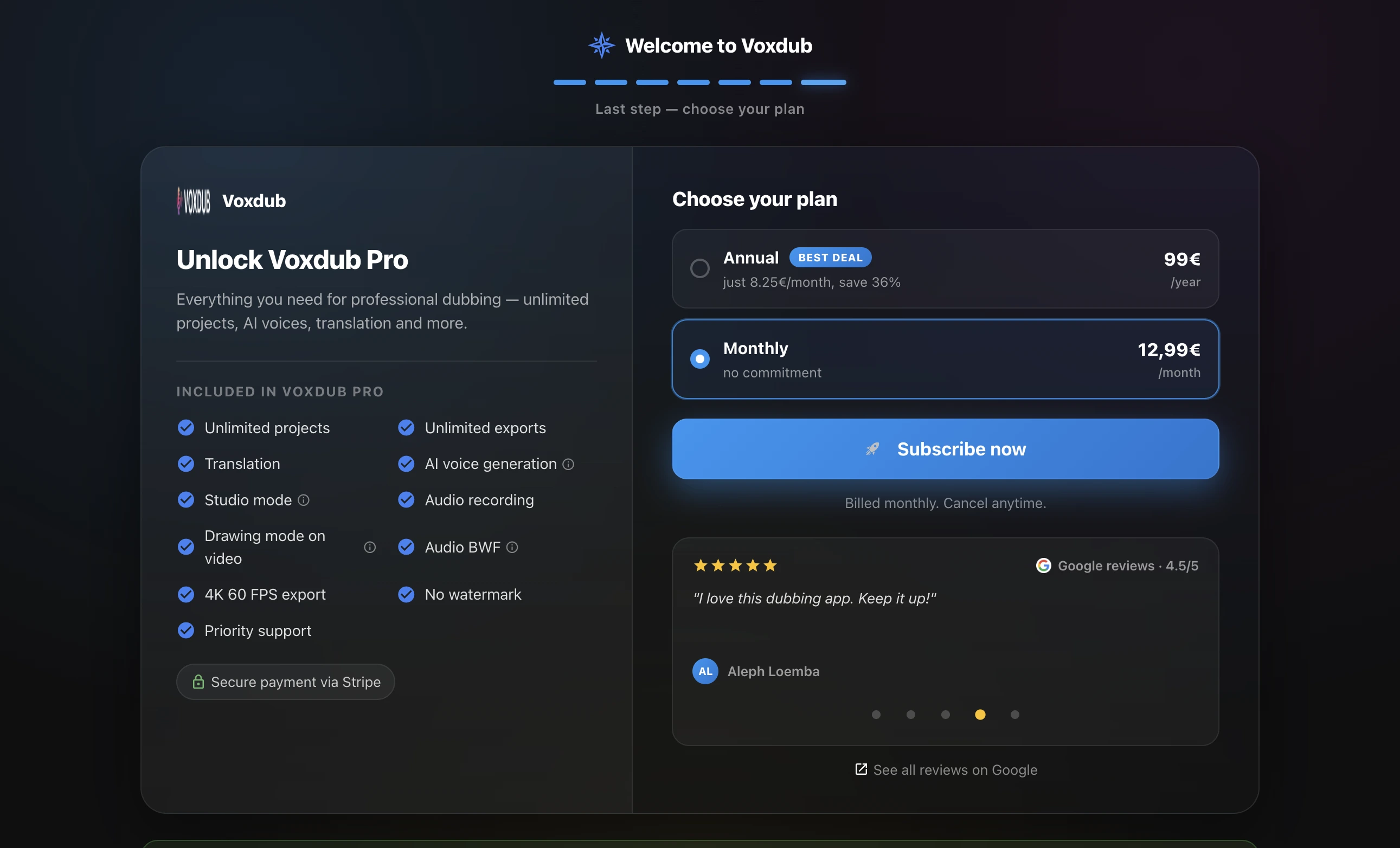 Página de suscripción de Voxdub con la oferta de 12,99 € al mes