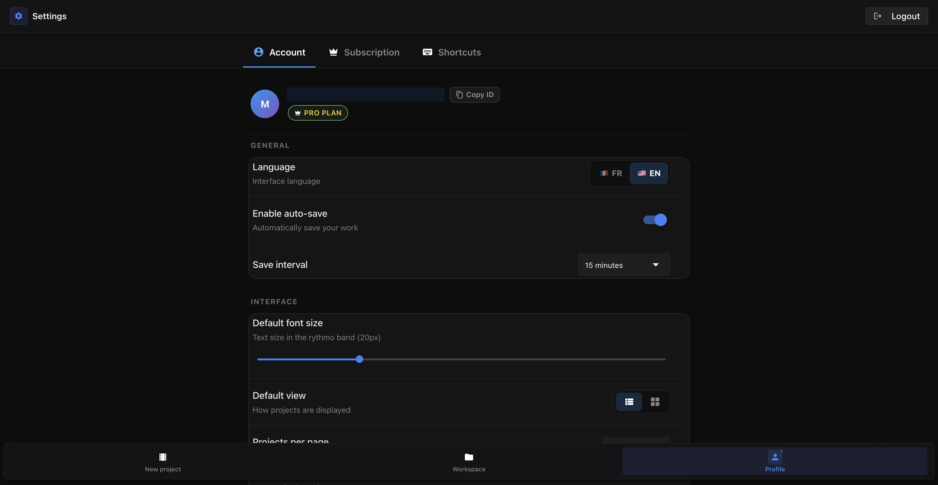 Auto-save toggle and interval selector in account settings
