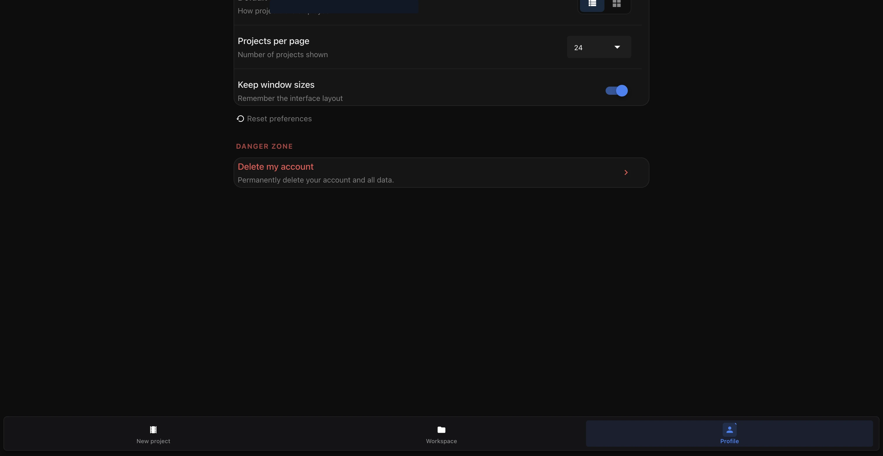 Account and security settings screen showing the danger zone with the account deactivation button