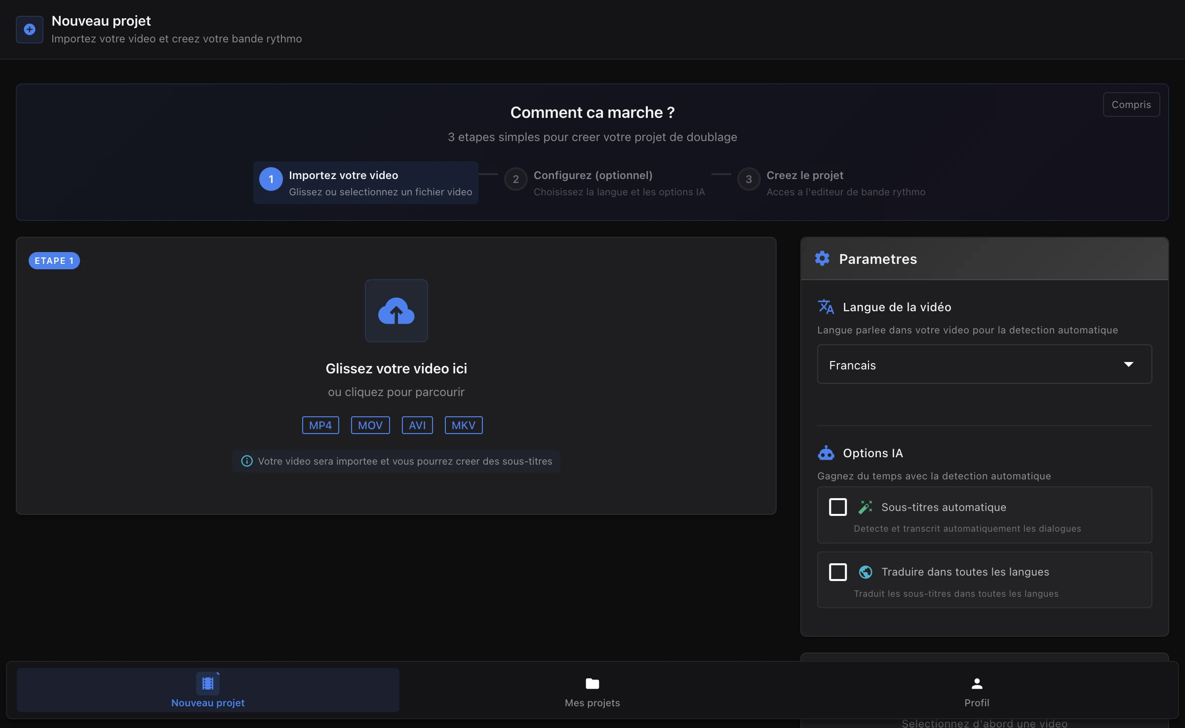 L'écran Nouveau projet avec la zone d'import vidéo, le sélecteur de langue, les options IA et le bouton Créer un projet