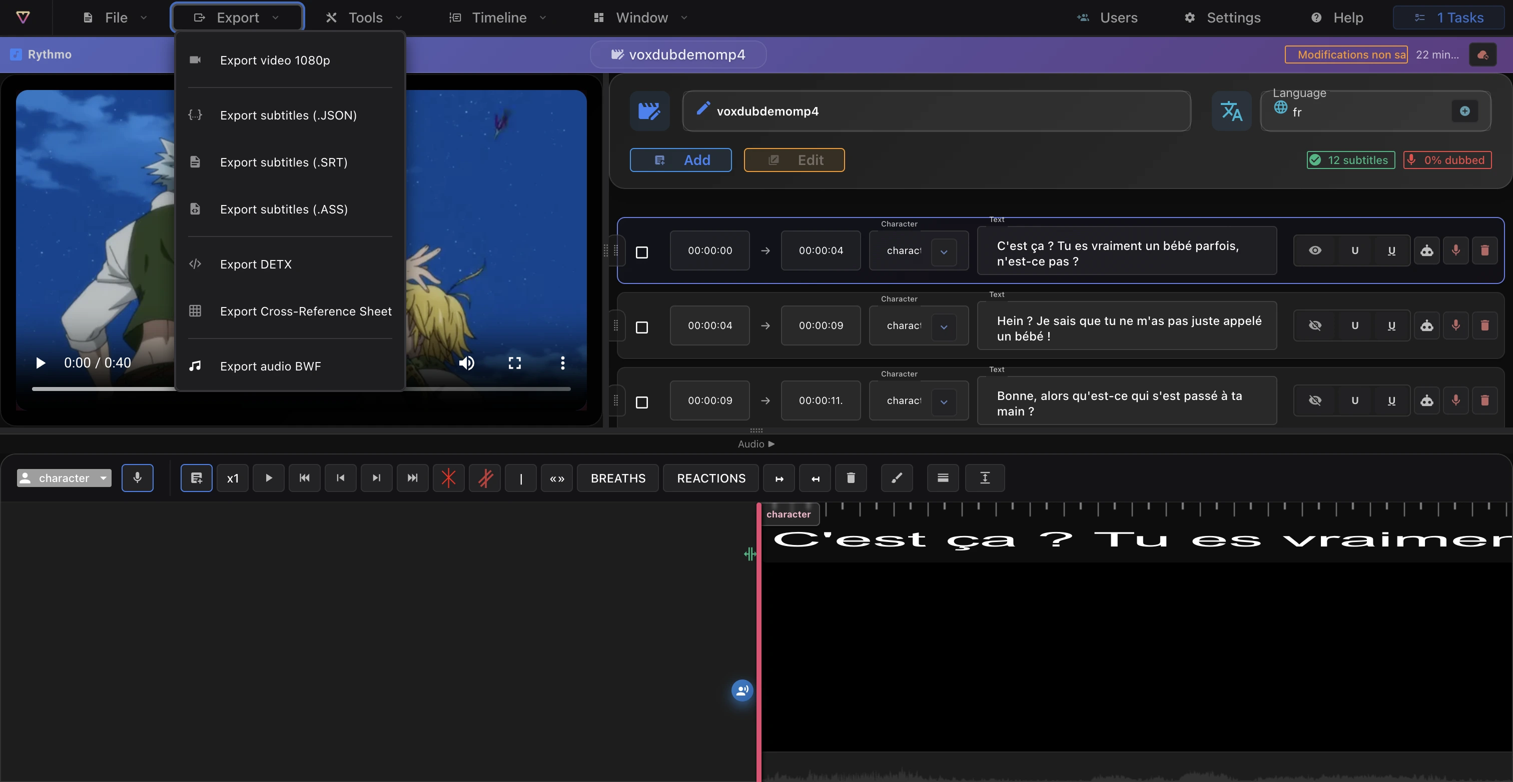 Le menu Exporter montrant les options vidéo, sous-titres, croisillé et BWF
