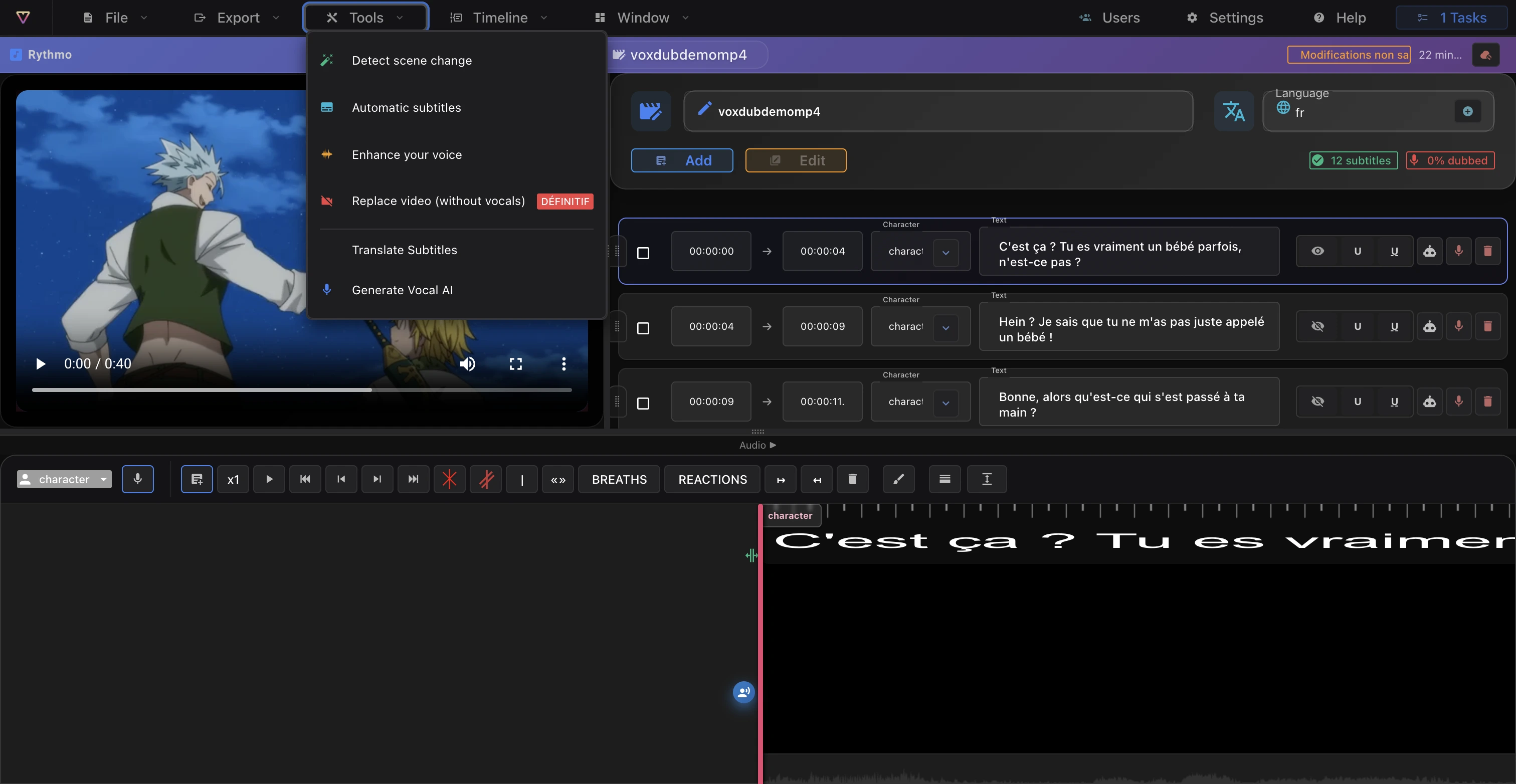 Le menu Outils avec l'élément Traduire les sous-titres mis en évidence