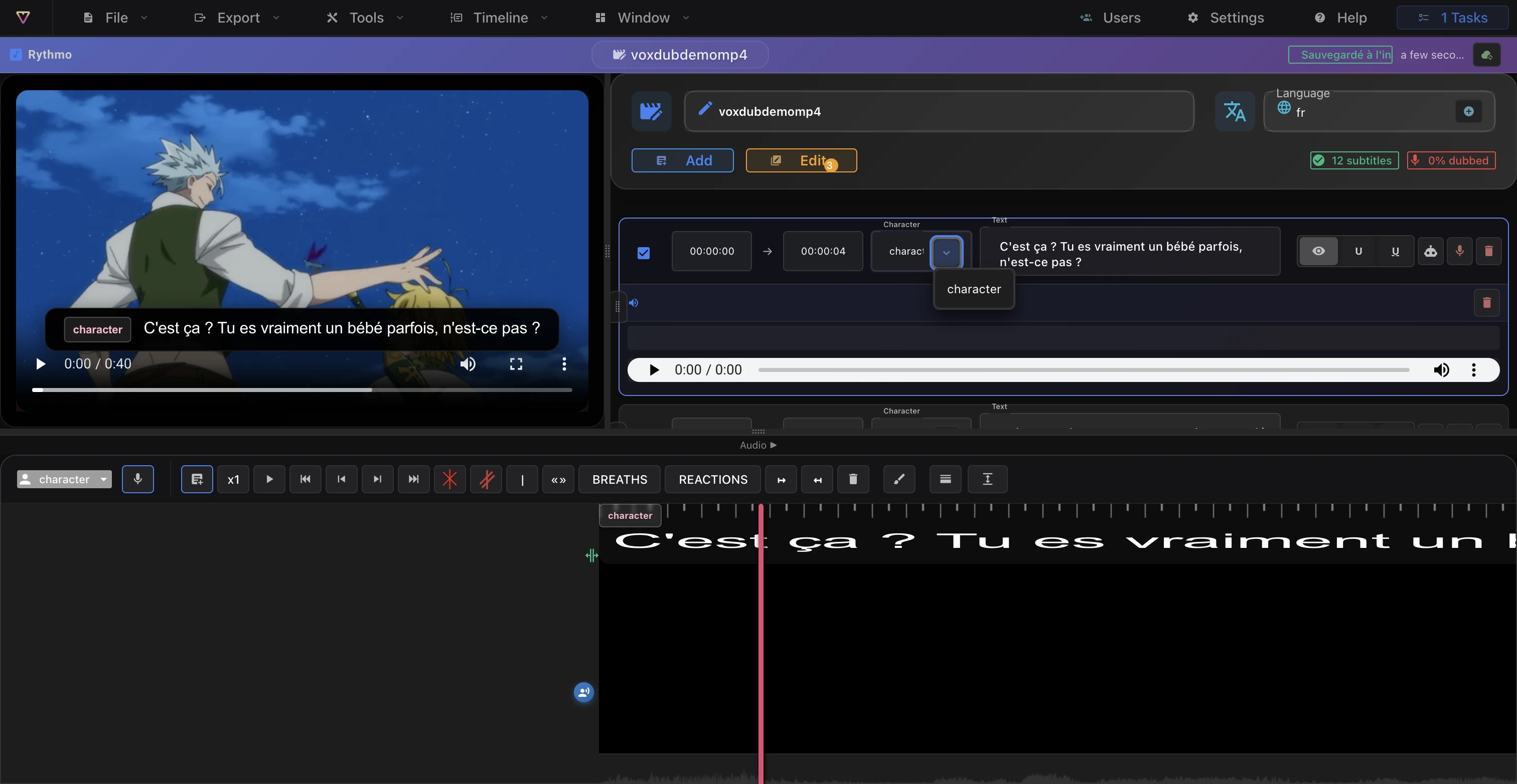 L'aperçu vidéo avec les sous-titres affichés par-dessus l'image