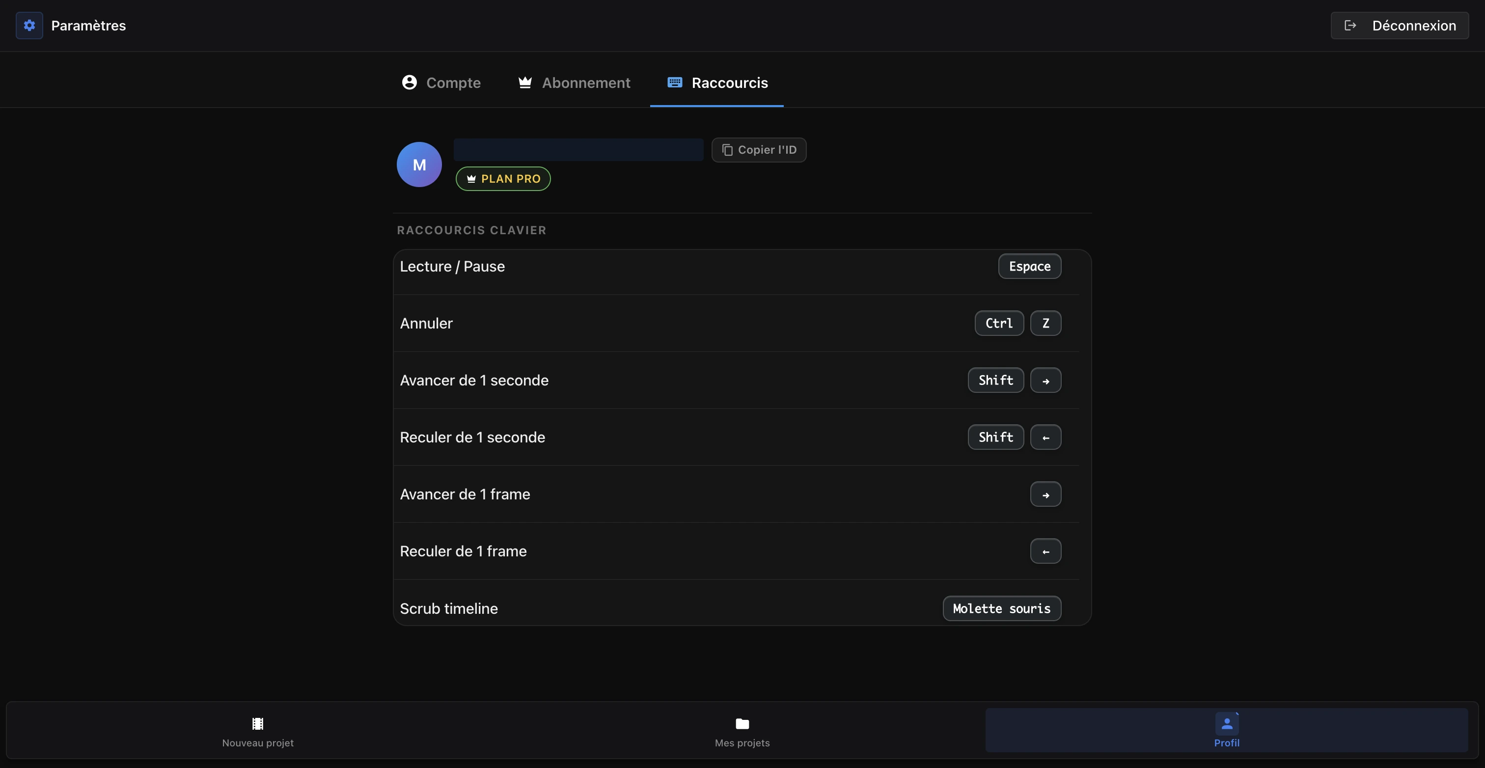 Paramètres, onglet Raccourcis, montrant la liste intégrée des raccourcis clavier Voxdub
