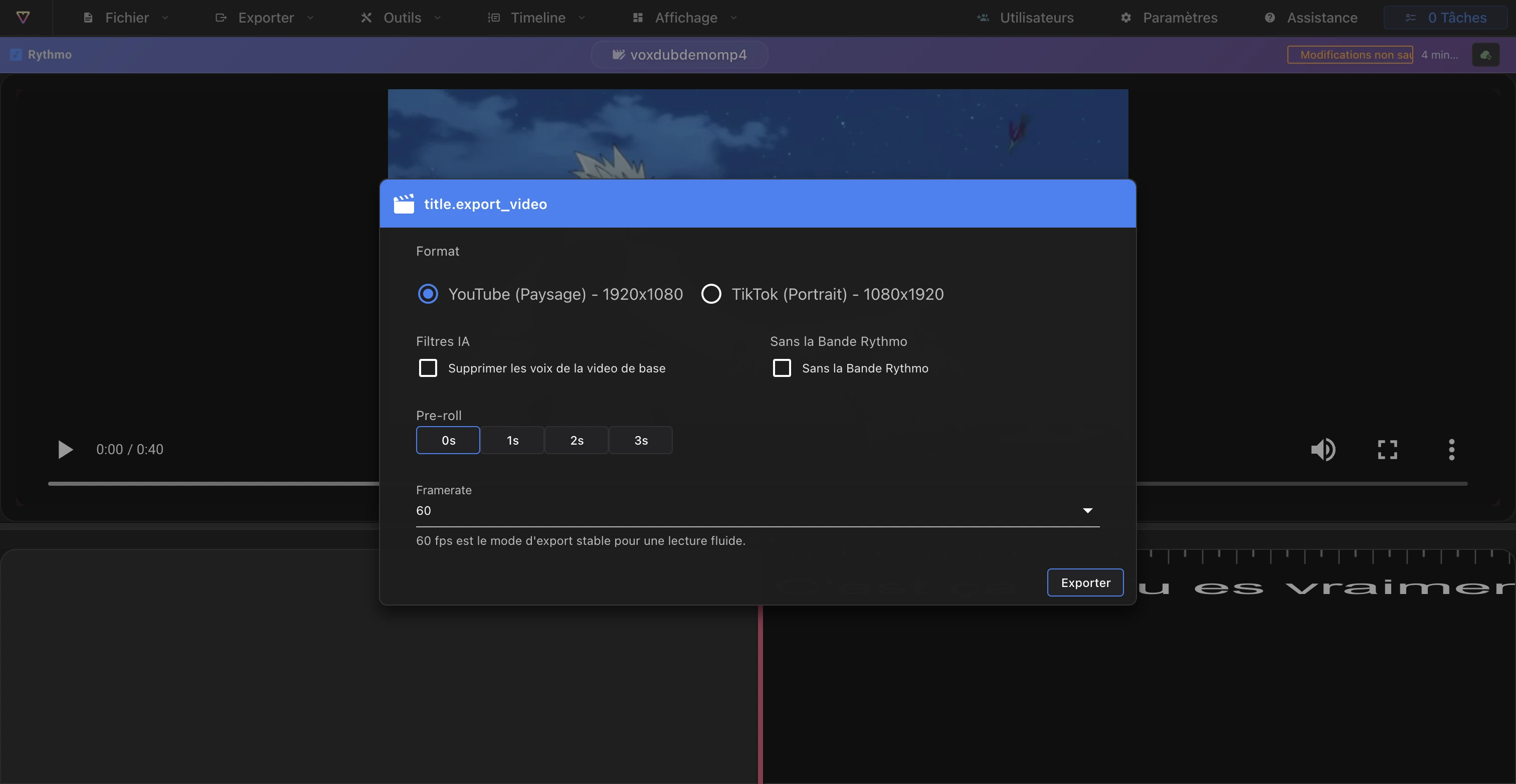 La boîte de dialogue Exporter la vidéo avec le format, la fréquence d'images, le pré-roll et les options audio